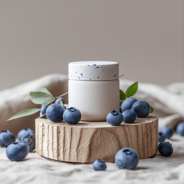 An elegant cream jar with blueberries sitting on a wooden a board
