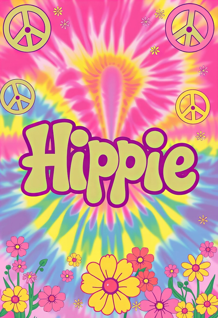 Photo elegant creative typography of the word hippie with groovy psychedelic letters set against a bac