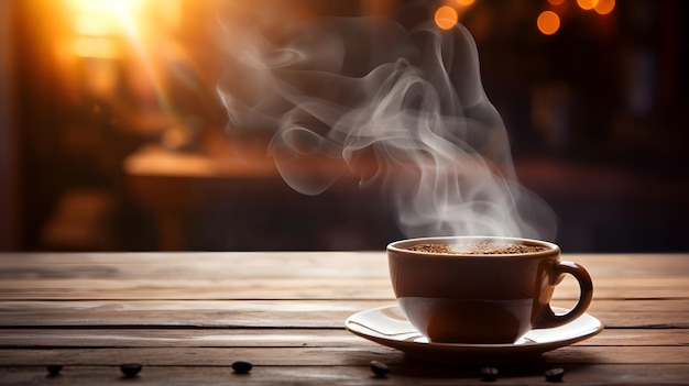 부유 한 향기 와 따뜻 함 을 포착 하는 시골 의 나무 테이블 에 있는 멋진 커피 한 잔