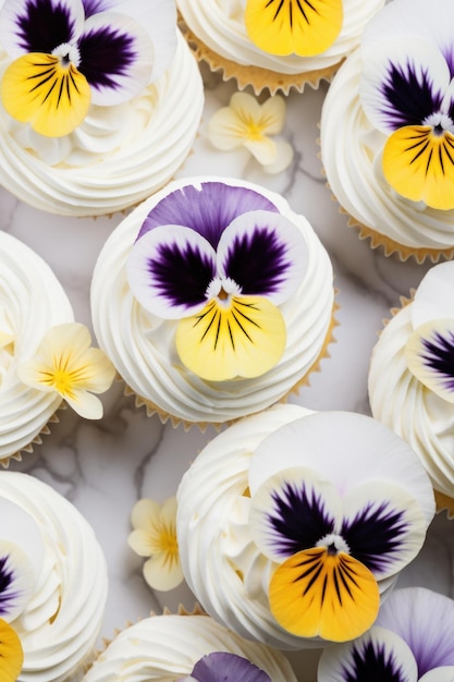 Elegant Cupcakes with Pansy Flower Toppers ideas for florist store floral decoration of desserts