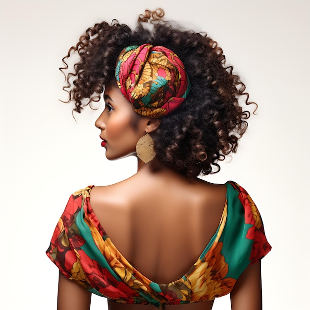 여성용 우아한 곱슬 아프로 자연 헤어스타일 어두운 갈색 머리 색상 창의적인 개념 아이디어 디자인