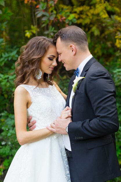 Elegante sposa riccia e sposo elegante che si abbracciano su un bellissimo sfondo verde