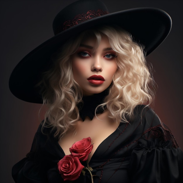 Elegant Curly Stylish Girl Red Earrings Black WideBrimmed Hat and Pathetic Pose