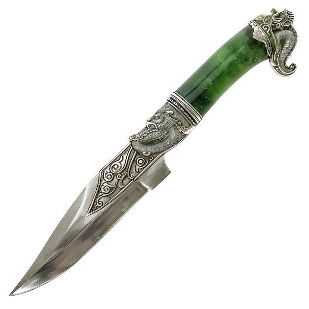 Elegant Curved Jade Dagger Inlaid With Silver Filigree and a Game Asset 3D Isolated Design Concept