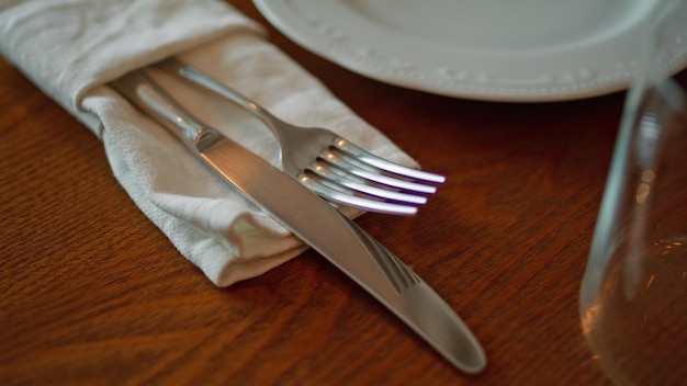 Elegant cutlery lying table cafeteria ready for use close up metal fork knife