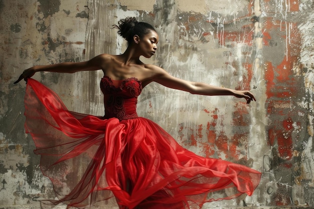 Foto elegante ballerina con un vestito rosso fluente