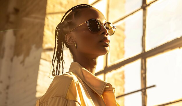 Elegant darkskinned young woman in sunglasses during golden hour