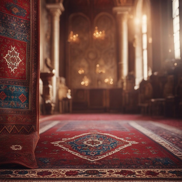 豪華なアゼルバイジャン絨毯と美しいシャンデリアを備えたエレガントな室内装飾