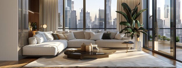 Photo elegant decor and stunning skyline views living room with skyline panoramas and modern style