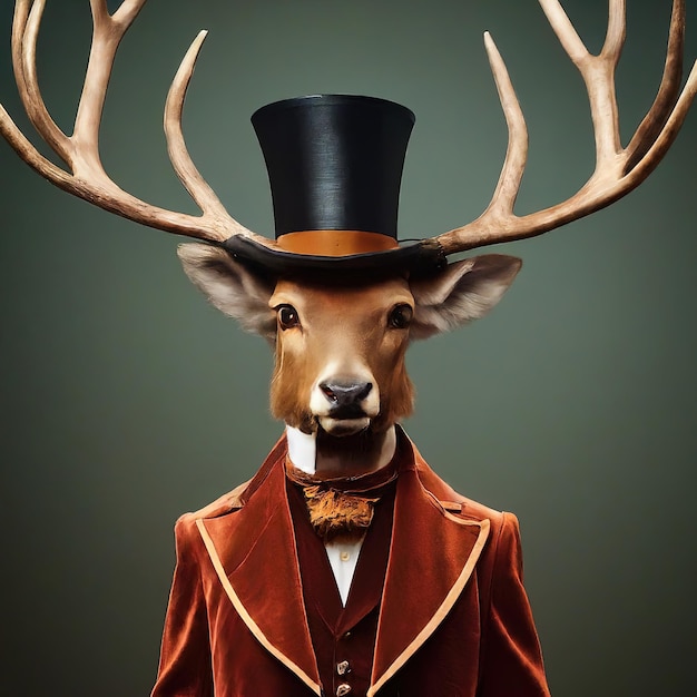 elegant deer in a hat with horns and bow tie