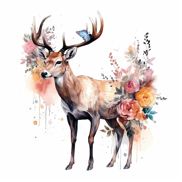 Elegant Deer with Floral Accents on White Background