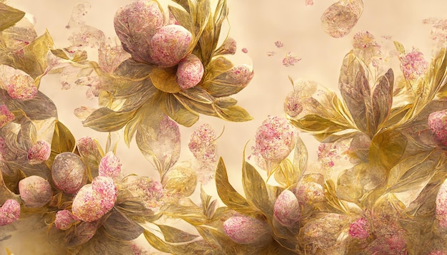 Elegant delicate flowers and branches on a light background Vintage floral decor for a postcard Fantasy plant 3d illustration