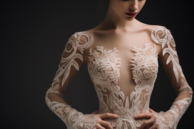 Foto elegante abito da sposa di designer con intricate pizze generative ai