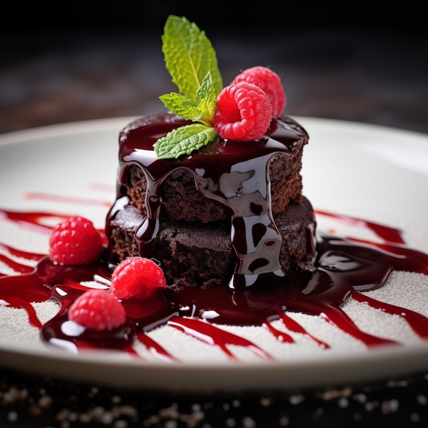 Elegant dessert plating chocolate lava cake with raspberry coulis on the plate