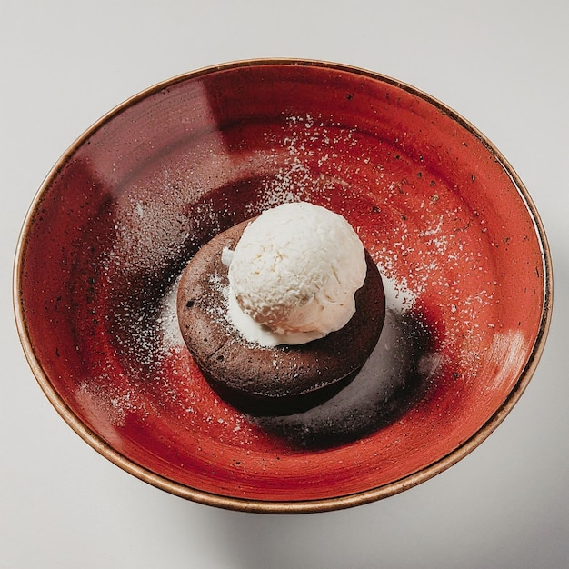 Элегантный десерт с шоколадным лавовым тортом и ванильным мороженым на красной тарелке