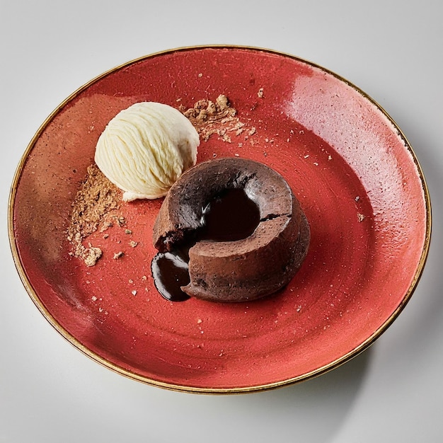 Foto elegante dessert con torta di lava al cioccolato e gelato alla vaniglia su un piatto rosso