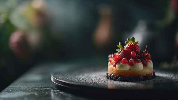 Elegant dessert with berries on a dark plate with a blurred background perfect for menu design