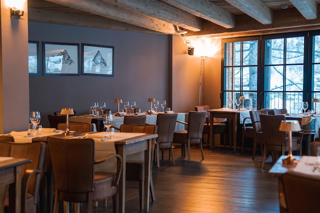 elegant dining area in luxury alpine hotel with mountain views