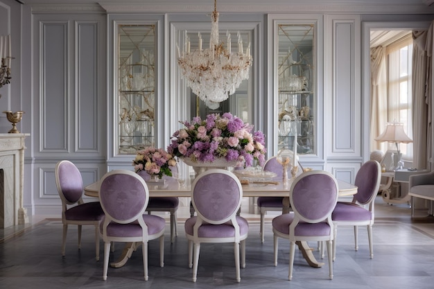 Elegant Dining Room Adorned in Lavender and Silver Exuding a Serene and Sophisticated Ambience