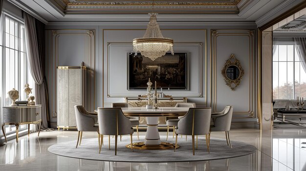 Elegant Dining Room Set with Light Gray and Light Gold Soft Edges and Blurred Details