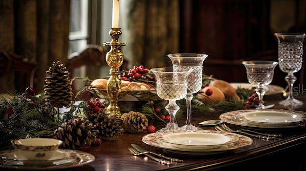 Photo an elegant dining room table set for a festive feast with fine china crystal glasses and a centerpie...