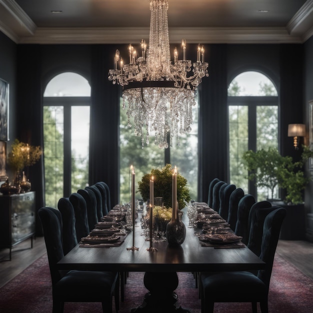 Elegant dining room with crystal chandelier dark