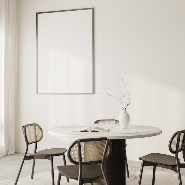 elegant dining room with modern decor and rattan chairs