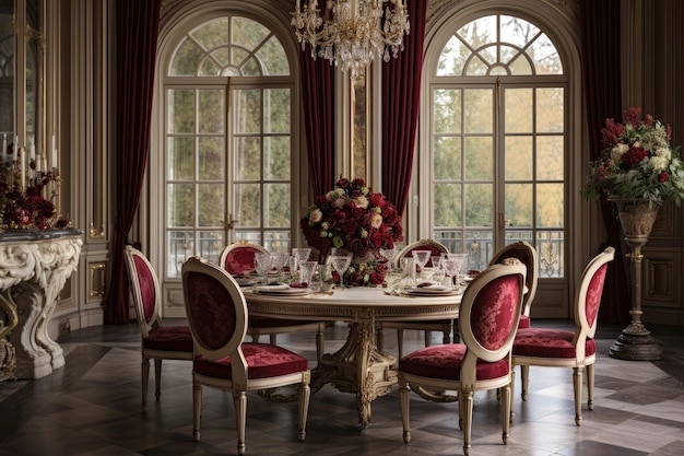 Elegant dining room with refined ambiance classic furnishings and stylish decor in Burgundy