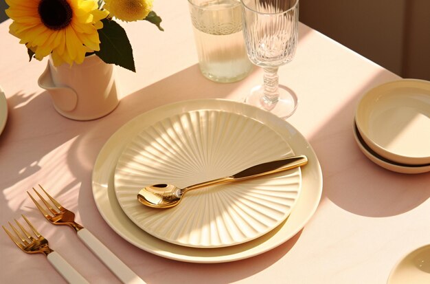 Elegant dining white plate with gold fork and white plate with gold spoon generative ai