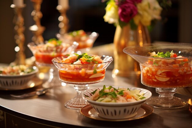 Photo elegant dinner party with pozole served in decorative glass bowls