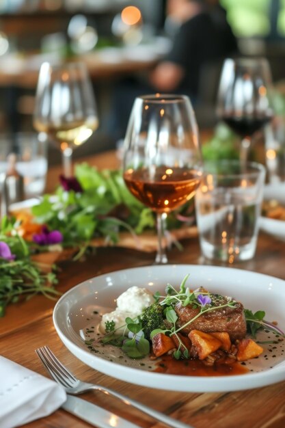 Photo an elegant dinner setting with a succulent meat dish and a glass of red wine on a wooden table