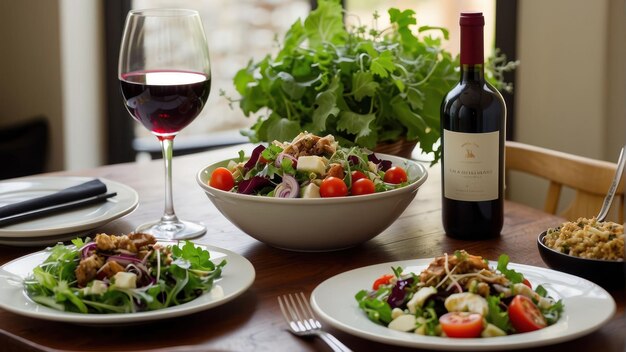 Foto una cena elegante con vino e insalata