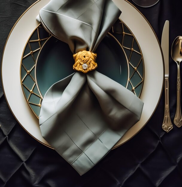 Elegant dinner table setting arrangement in english country style as flatlay tablescape folded napkin on a serving plate tableware and holiday table decor generative ai