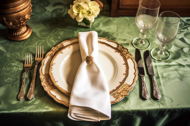 Photo elegant dinner table setting arrangement in english country style as flatlay tablescape folded napkin on a serving plate tableware and holiday table decor postprocessed generative ai