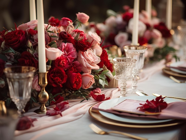 An elegant dinner table with red roses