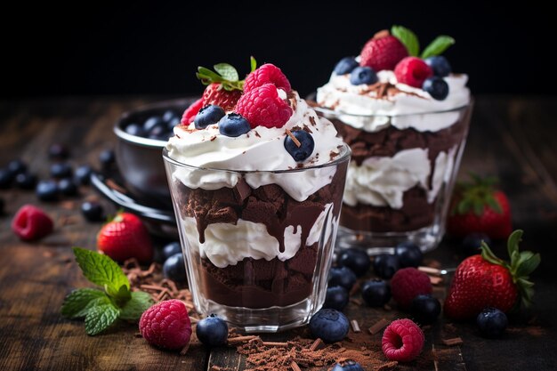 Elegant display of brownie parfait cups layered with whipped cream and berries