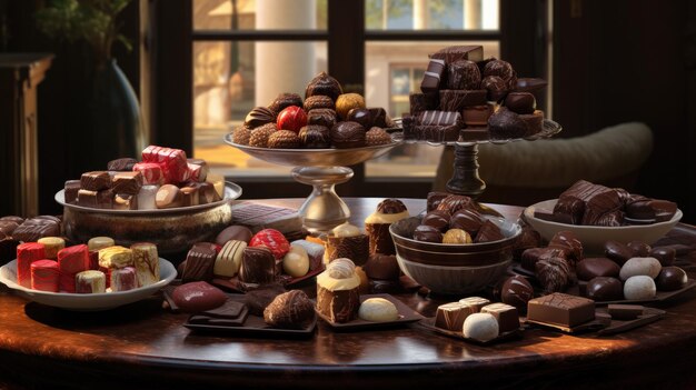 Photo an elegant display of chocolates on a table their irresistible allure drawing you in