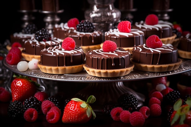 Elegant display of mini chocolate ganache tarts garnished with fresh berries