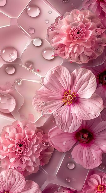 An elegant display of pink flowers among crystallized geometric patterns a combination of nature and art