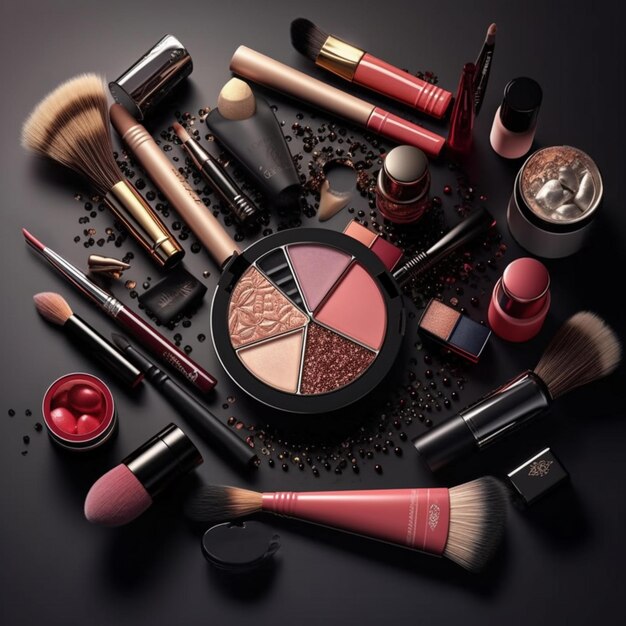 An elegant display of professional decorative cosmetics makeup tools