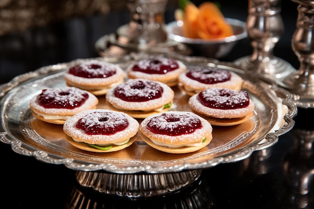 Foto elegant display van raspberry amandel duimdruk koekjes op een zilveren dienblad