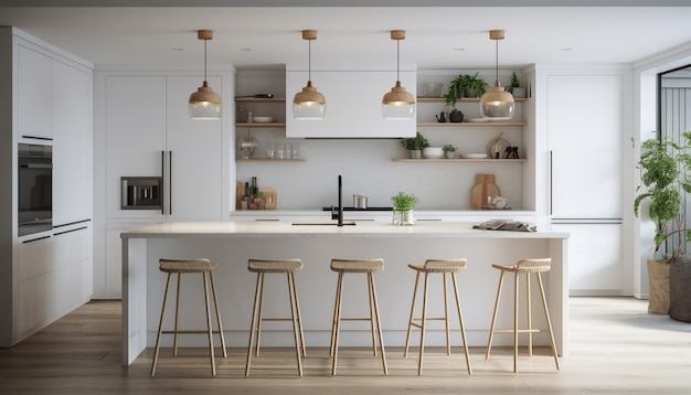 Elegante cucina domestica con pavimento in legno dal design moderno e isola in marmo generata da ai