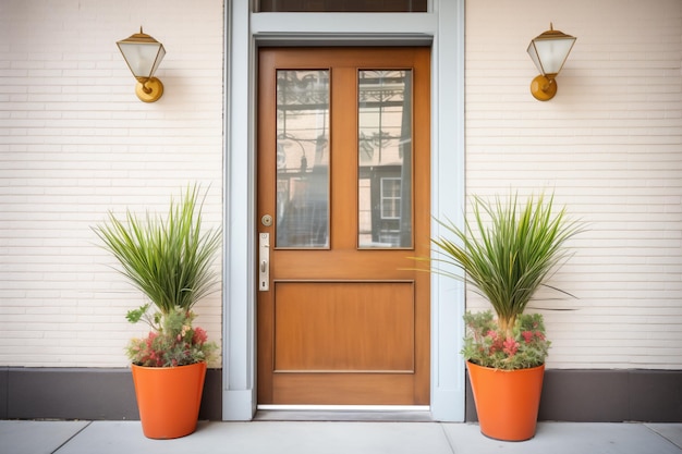 Photo elegant door with brass handle flanked by planters