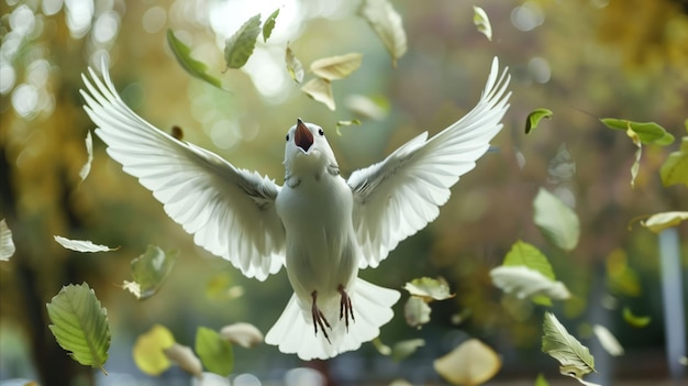 Elegant Dove in Flight Among Autumn Leaves