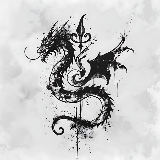 Elegant Dragon Tribe Emblem Logo With Dragon Coil and Fleur Creative Logo Design Tattoo Outline