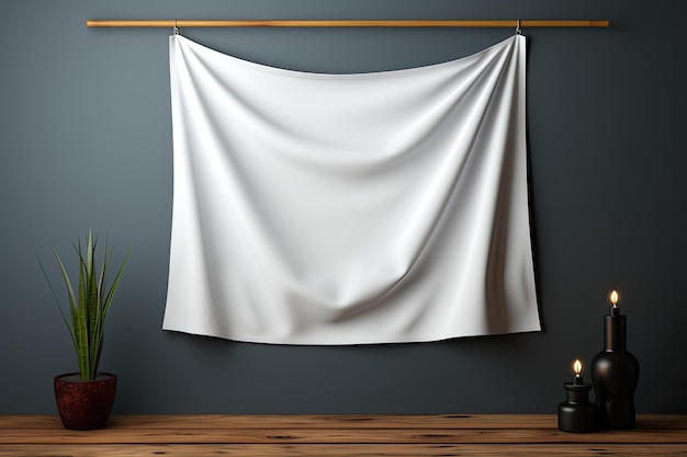 壁に飾られたエレガントな白い布のバナーモックアップ