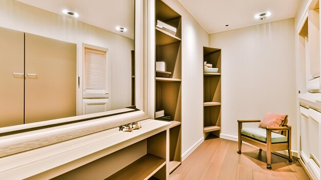 Elegant dressing room with a builtin wardrobe and a vanity mirror