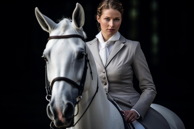 Elegant dressuurpaard en ruiterportret in een wedstrijdomgeving