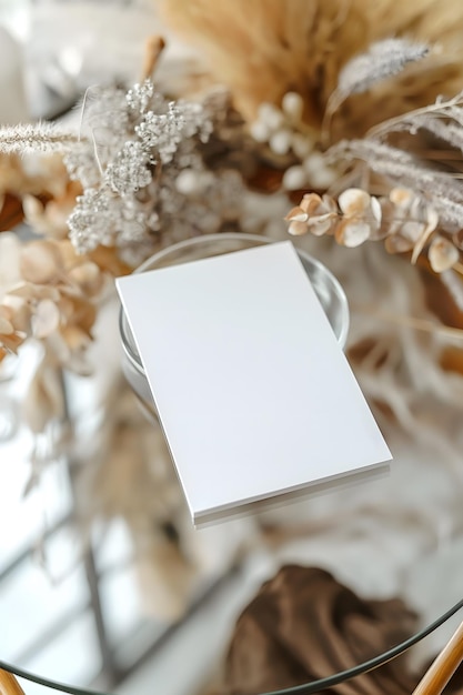 Elegant droog bloemenarrangement en blank acryl bord op glazen tafel