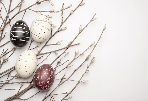 Elegant Easter eggs decorated with unique patterns set among delicate spring flowers are a